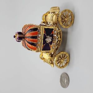 Golden Carriage Trinket Box Rhinestones Enamel Gold Tone Metal Carriage Jewelry‎